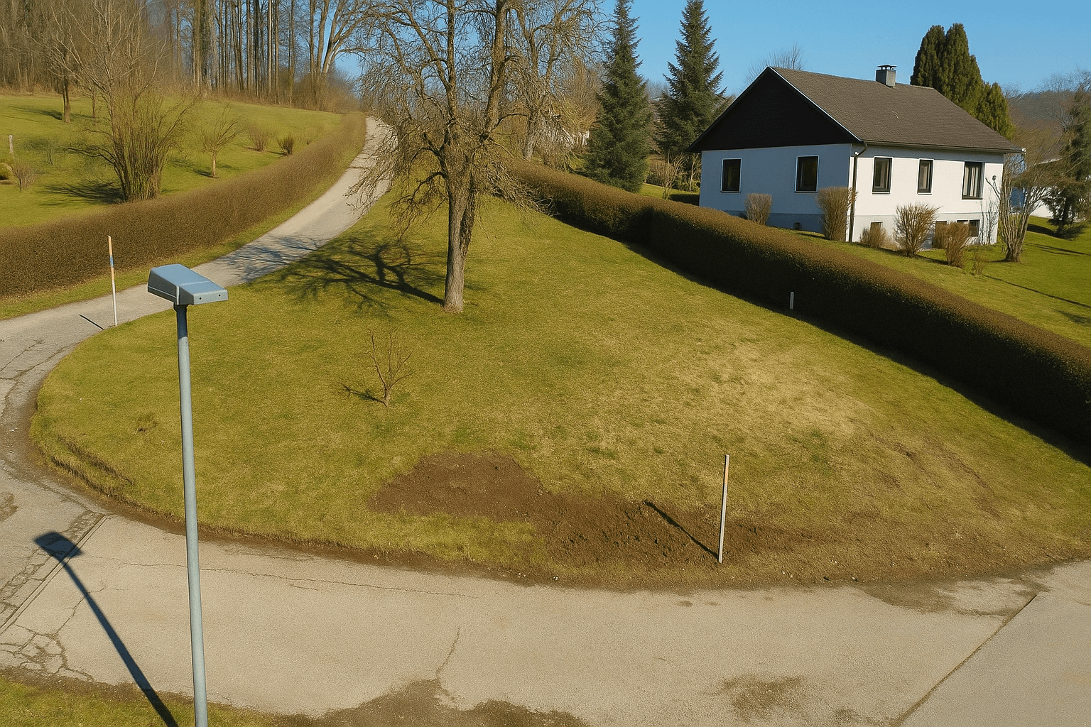 Grundstück mit Rasenfläche, Hecken und einer Straße, umgeben von ländlicher Bebauung.