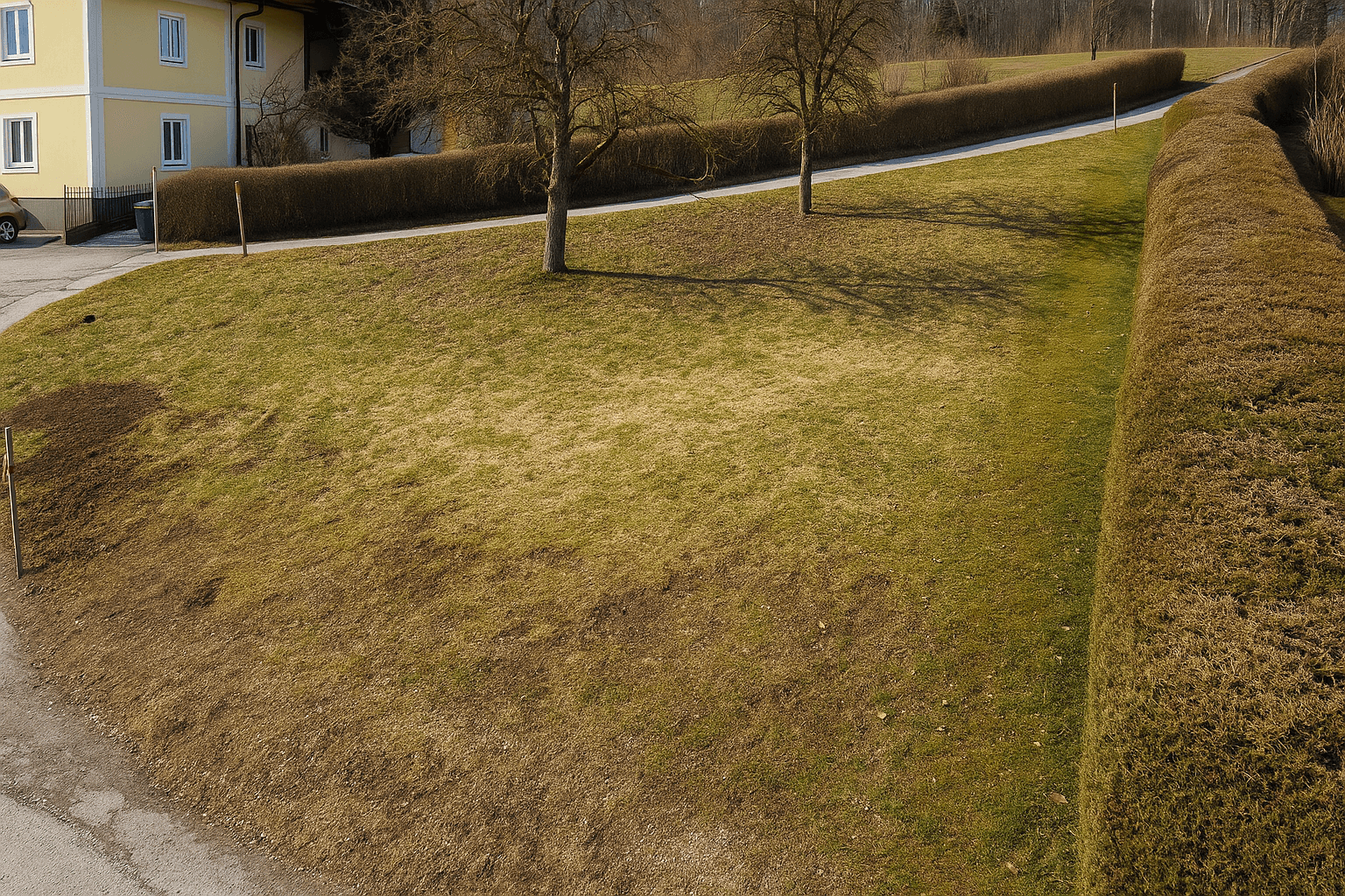 Weitläufiges Grundstück mit Hecken, Bäumen und einer Zufahrtsstraße in ländlicher Umgebung.