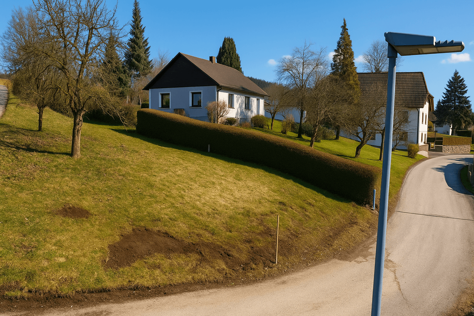 Ländliches Grundstück mit Hecken, Bäumen und Häusern im Hintergrund, an einer Straße gelegen.