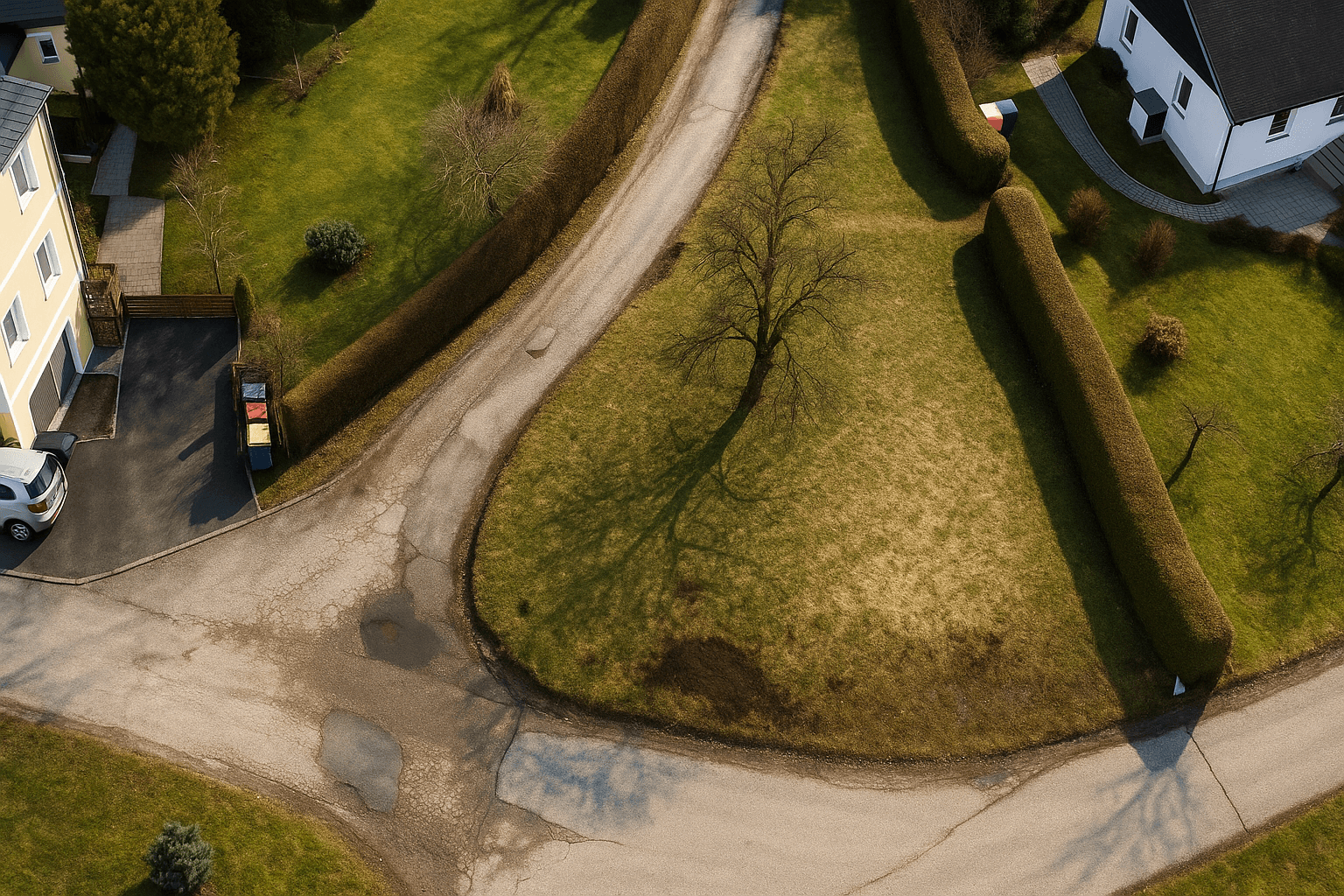 Luftaufnahme eines ländlichen Straßenabschnitts mit angrenzenden Grundstücken und Häusern.