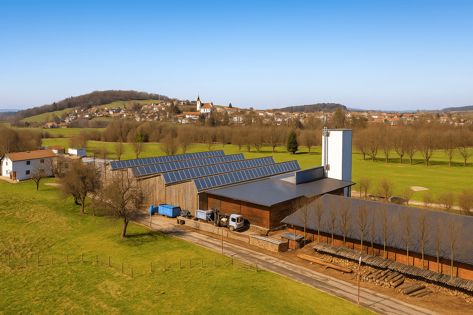 Weitläufige ländliche Anlage mit großen Gebäuden, Solaranlagen und weiten Feldern im Hintergrund.
