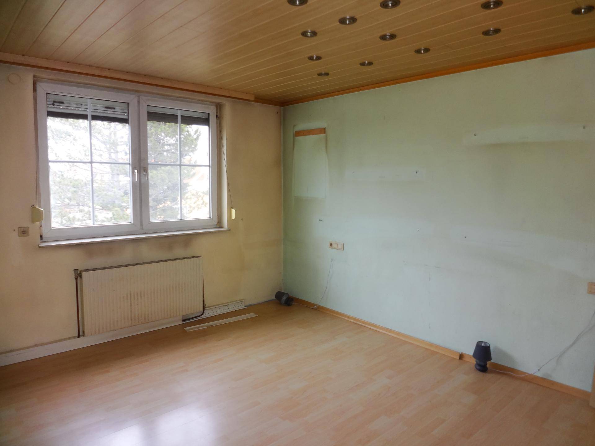 Zimmer mit hellgrüner Wand, Holzpaneeldecke und Laminatboden, mit Blick nach draußen durch das Fenster.