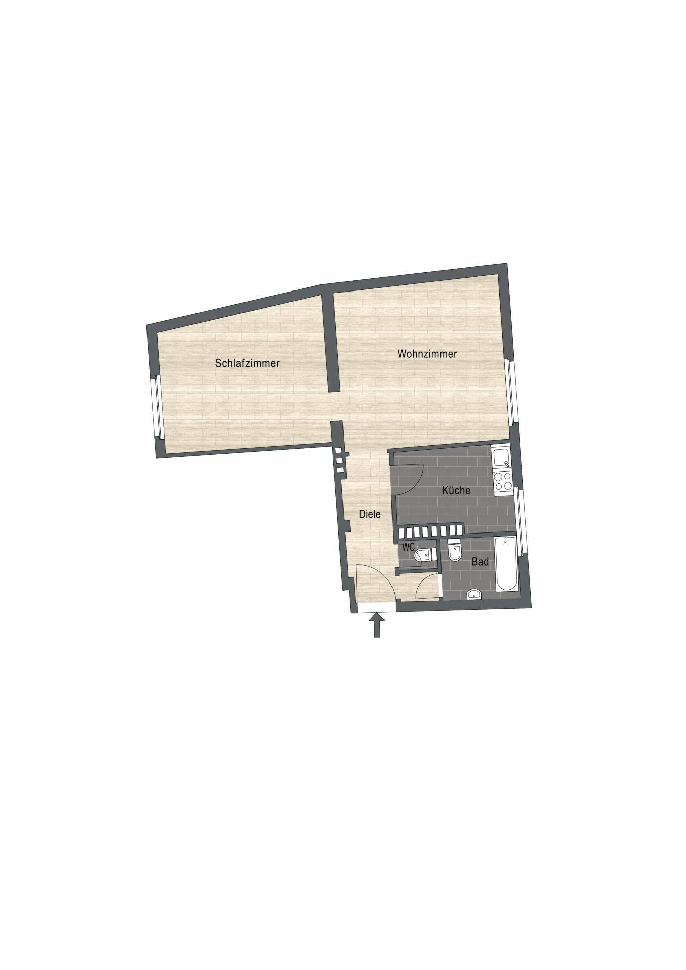 Grundriss einer Wohnung mit einem Schlafzimmer, separater Küche, Bad und Gäste-WC.