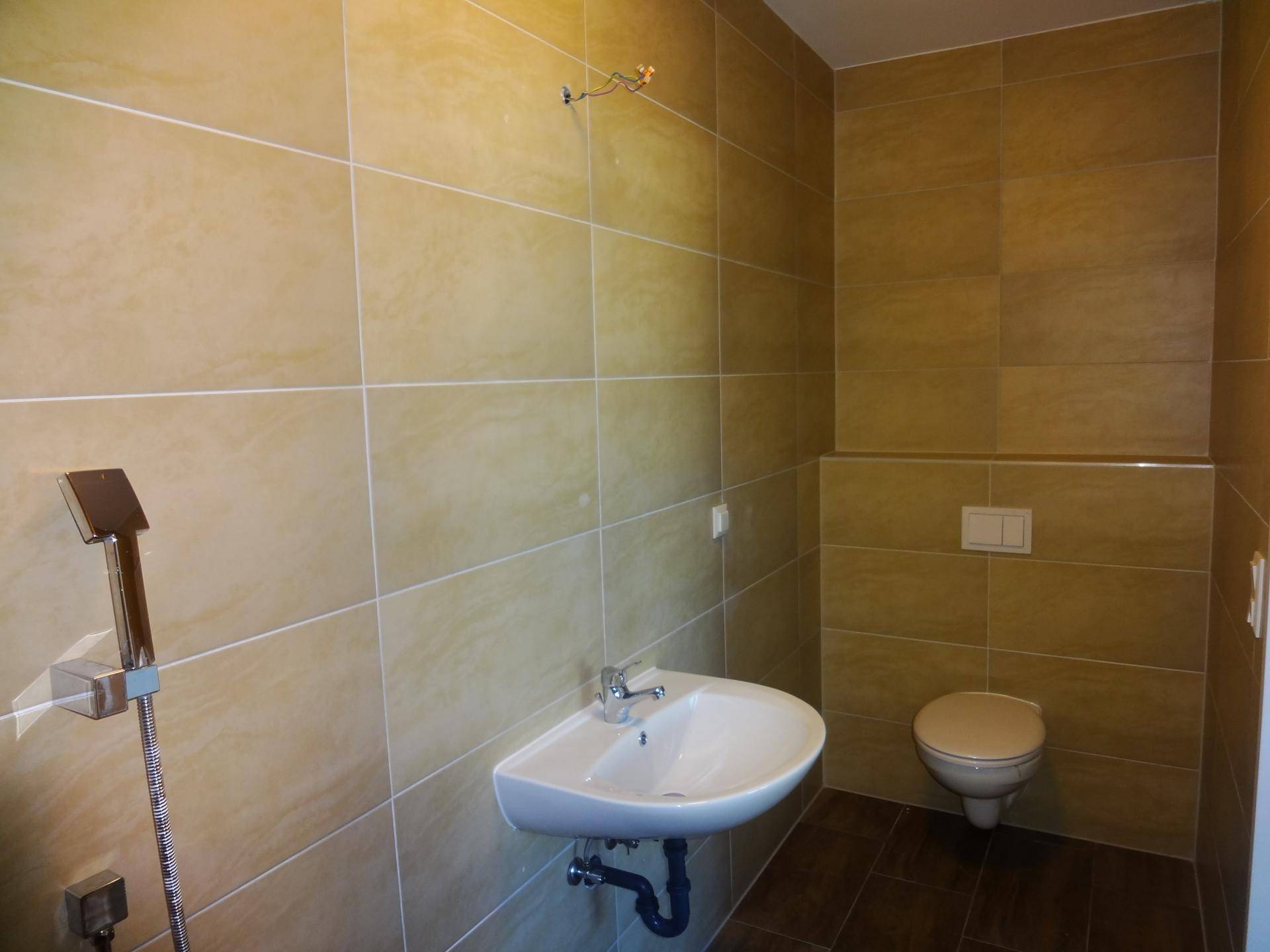 Funktionales Badezimmer mit beigefarbenen Wandfliesen, wandhängendem WC und Waschbecken.