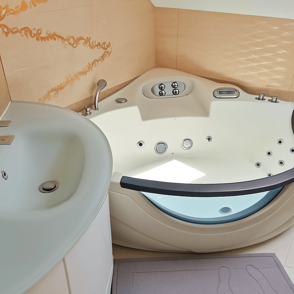 Modernes Badezimmer mit Eck-Whirlpool-Badewanne und elegantem Waschtisch.
