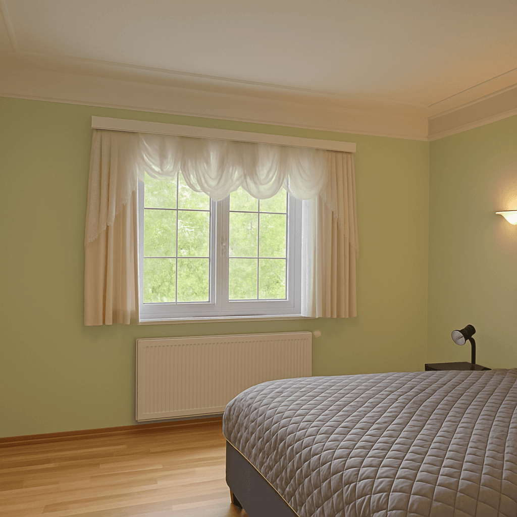Schlafzimmer mit hellem Parkettboden, grünen Wänden und großem Fenster mit Blick ins Grüne.