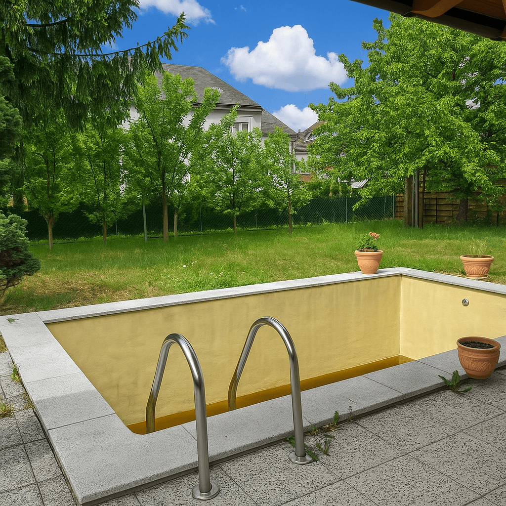 Gartenbereich mit eingelassenem Pool und gepflegter Rasenfläche umgeben von Bäumen.
