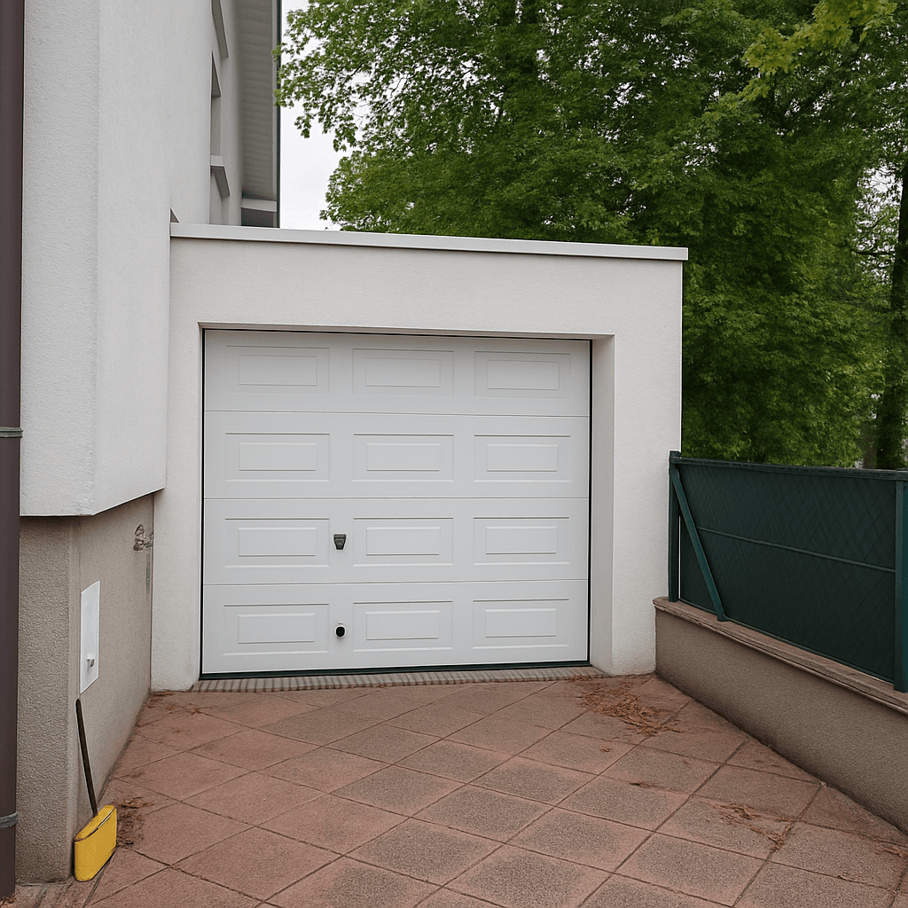 Einzelgarage mit weißem Garagentor und gepflasterter Zufahrt.