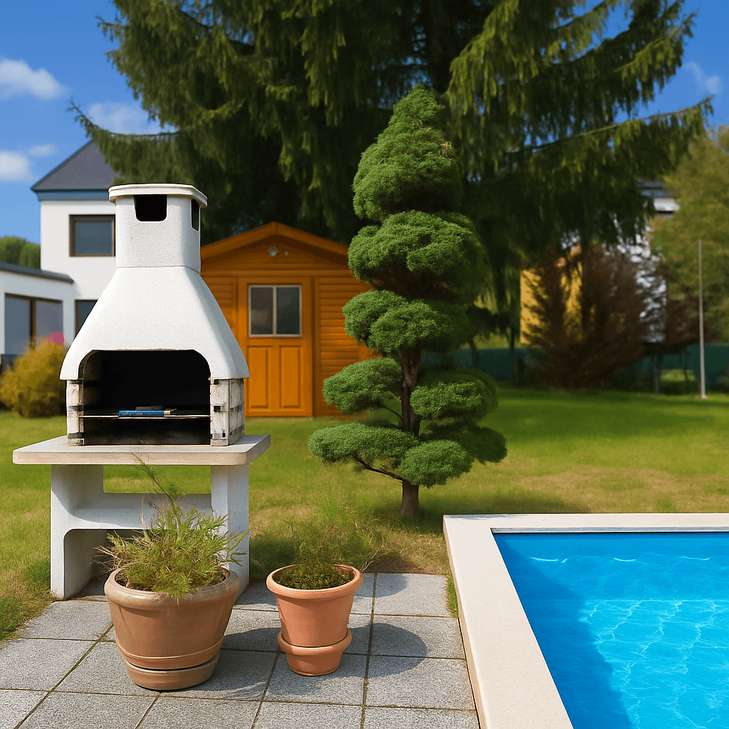 Gepflegter Garten mit Pool, Grill und Gartenhaus unter blauem Himmel.