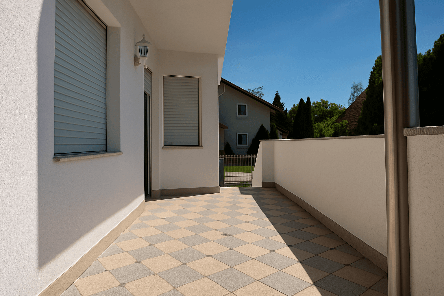 Geräumige Terrasse mit Fliesenboden und Blick auf die Umgebung an einem sonnigen Tag.