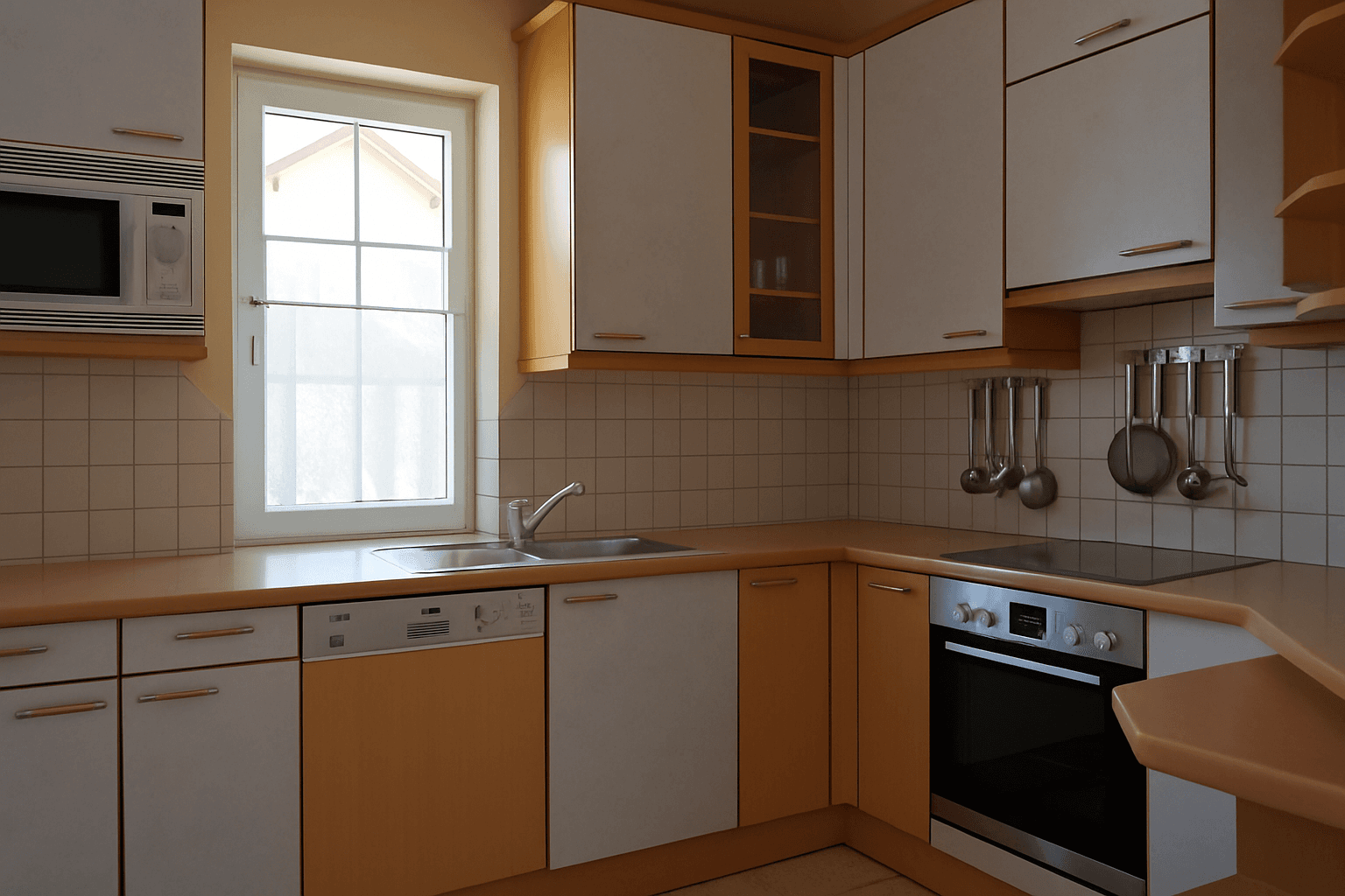 Helle Küche mit Holz- und weißen Fronten, Fliesenboden und Fenster mit Blick nach draußen.