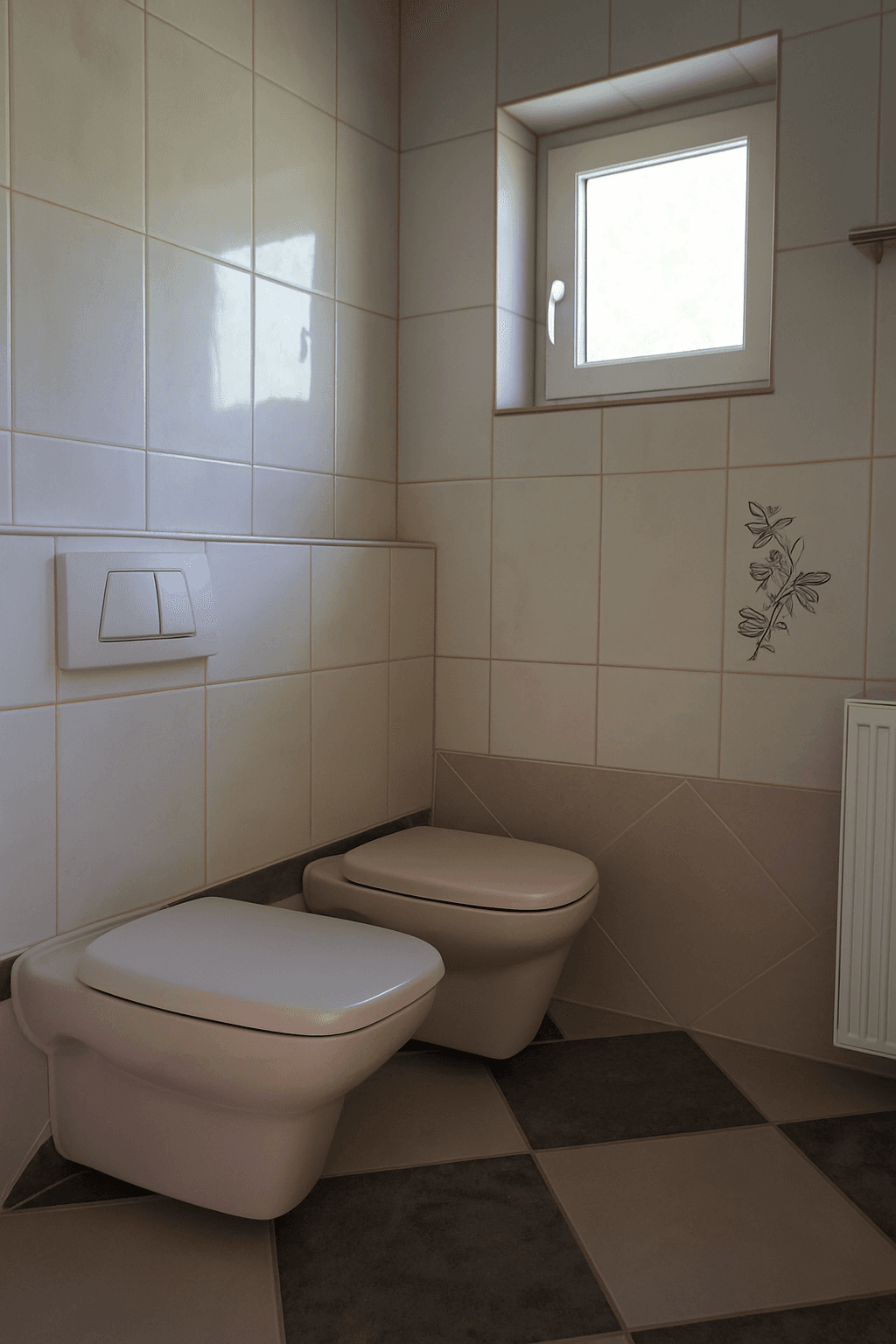 Gäste-WC mit zwei Toiletten, Fliesenboden und kleinem Fenster.