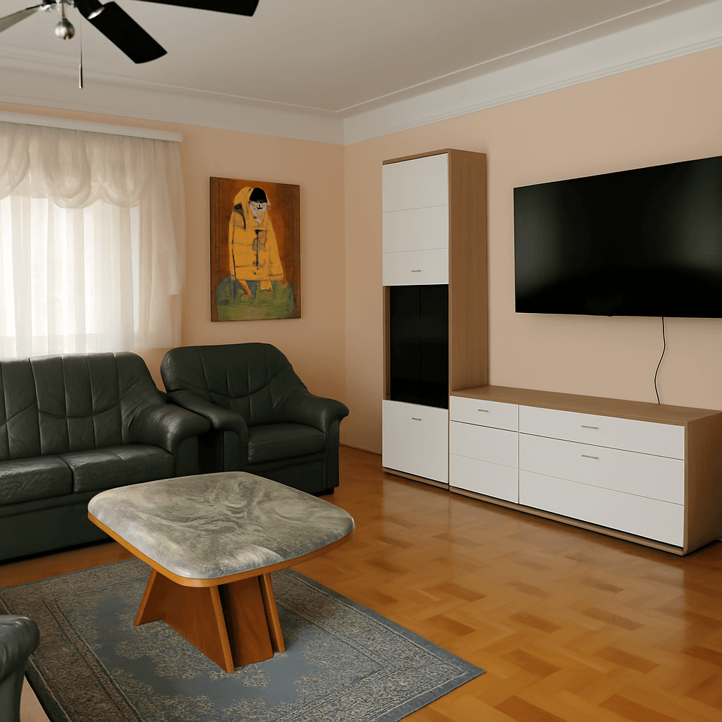 Gemütliches Wohnzimmer mit Parkettboden, moderner TV-Wand und Kunst an der Wand.
