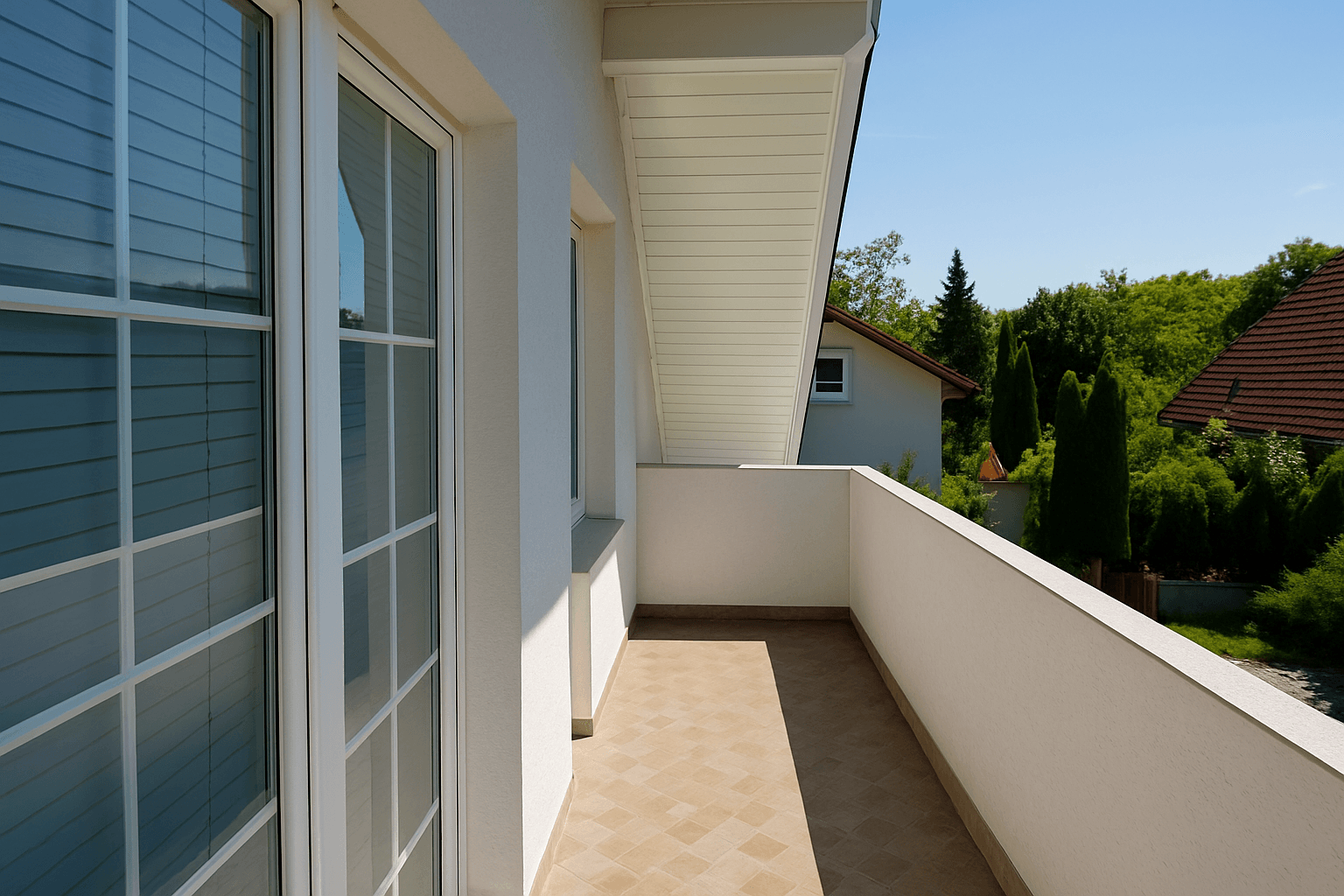 Heller Balkon mit Fliesenboden und weitem Blick ins Grüne an einem sonnigen Tag.
