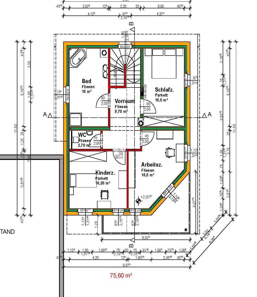 Grundriss des Obergeschosses mit Schlafzimmer, Kinderzimmer, Bad und WC.