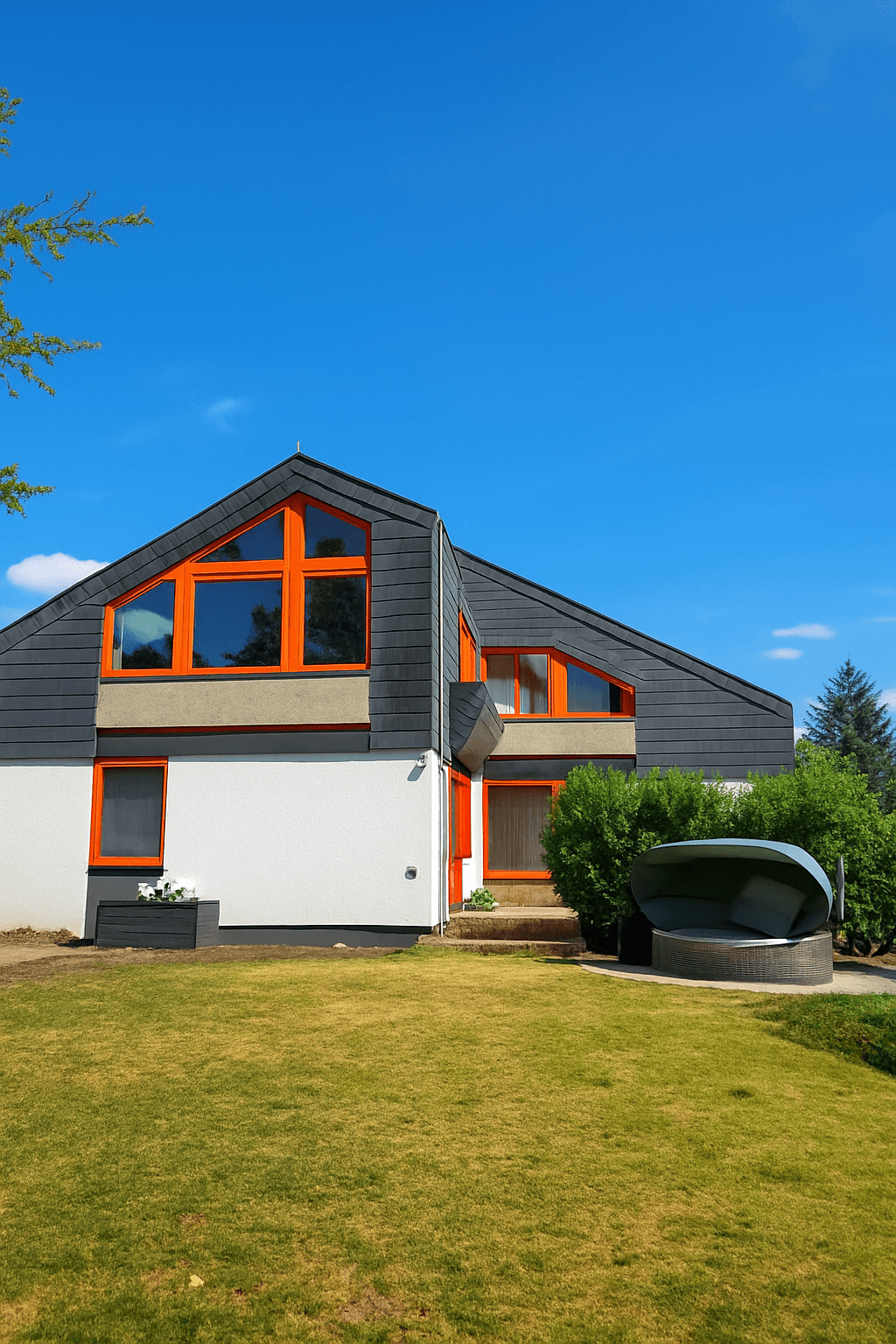 Modernes Haus mit großen orangefarbenen Fenstern, gepflegtem Rasen und einer Outdoor-Liege im Garten.