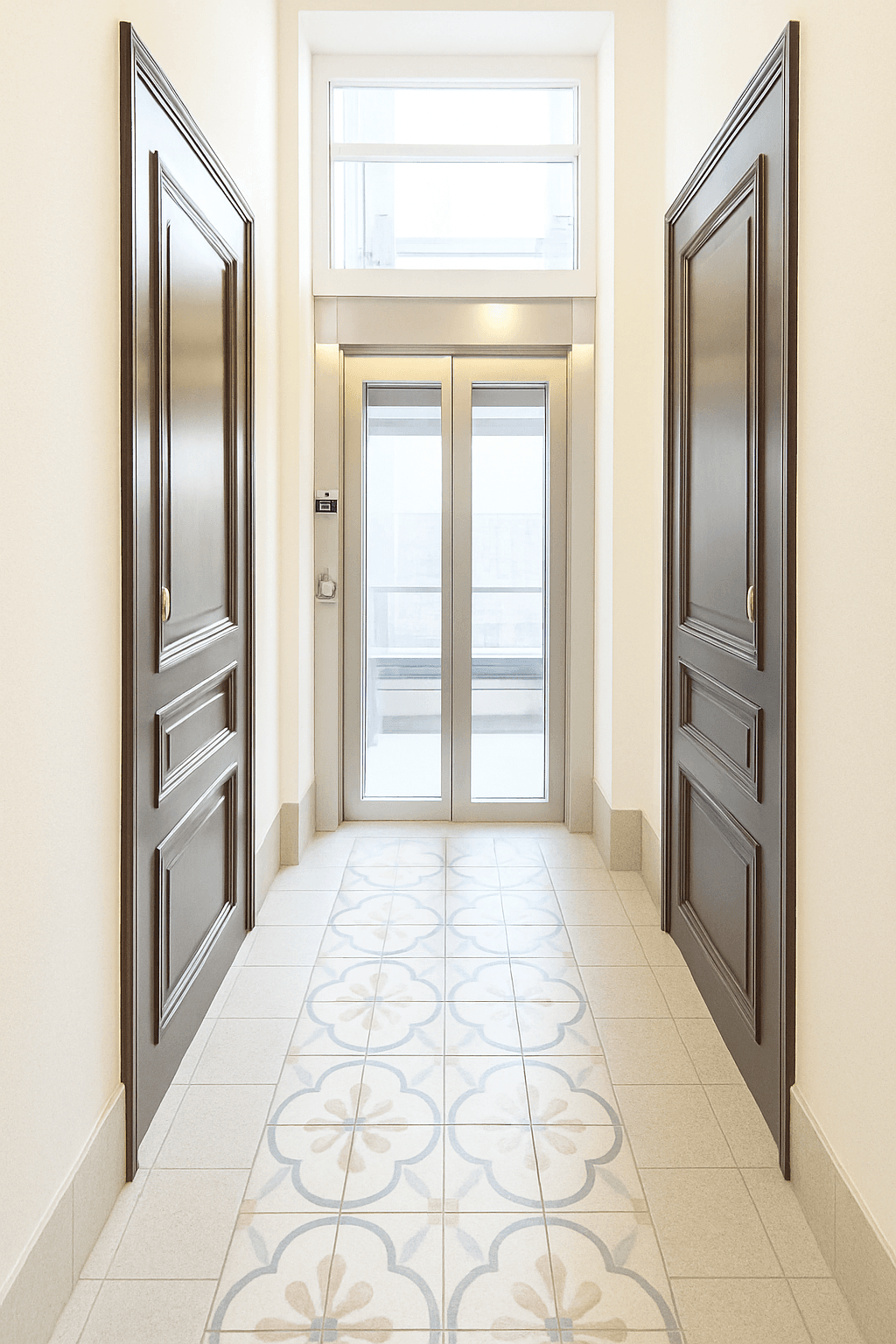 Heller Flur mit modernem Aufzug und gemustertem Fliesenboden, umgeben von Holztüren.