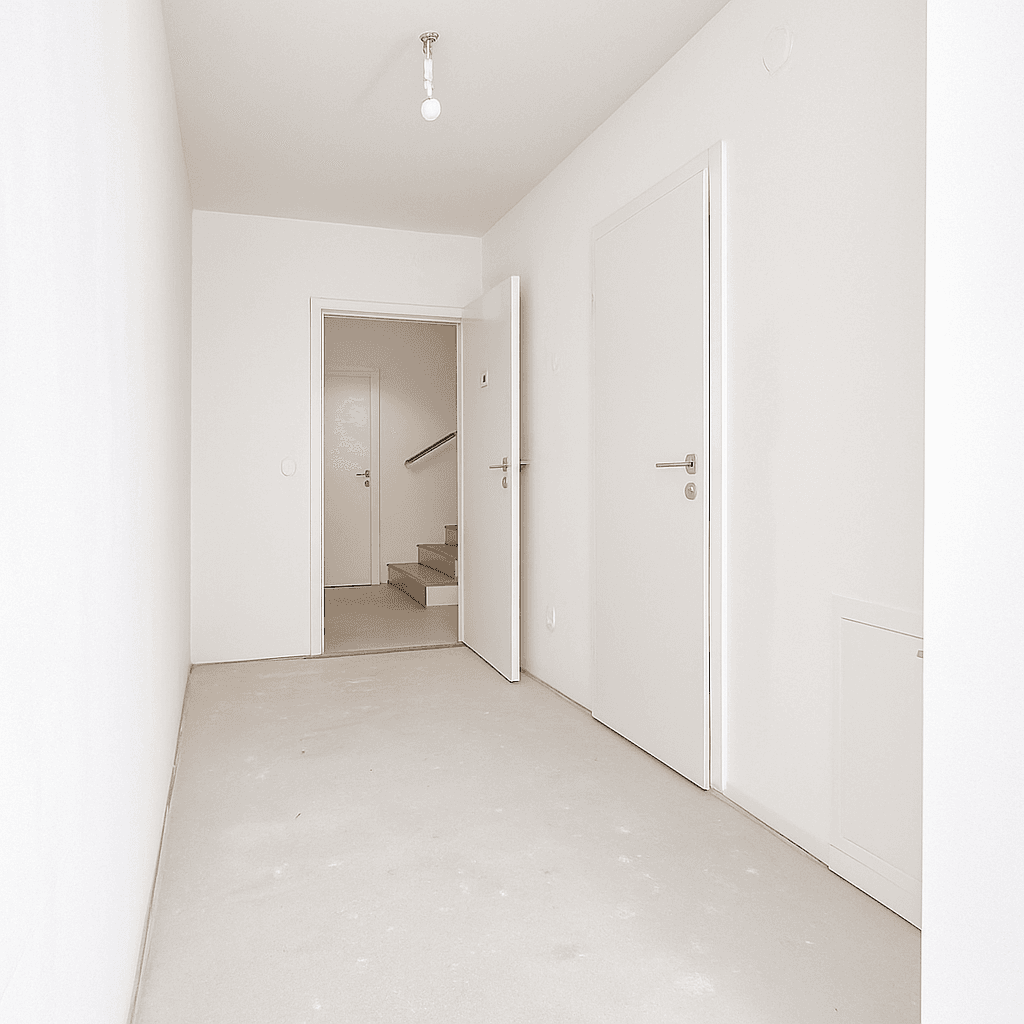 Heller Flur mit schlichten weißen Türen und Blick auf eine Treppe im Hintergrund.