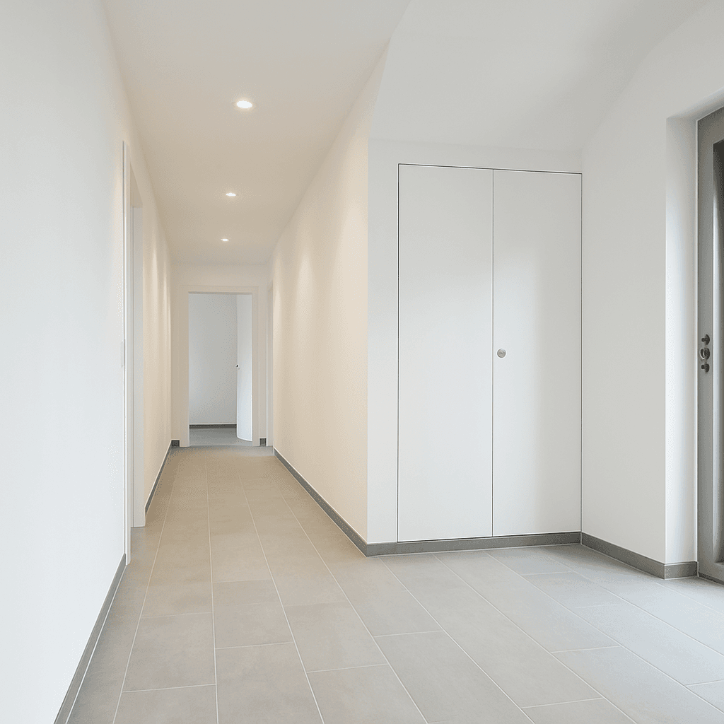 Heller Flur mit Einbauschränken, Fliesenboden und Deckenstrahlern.