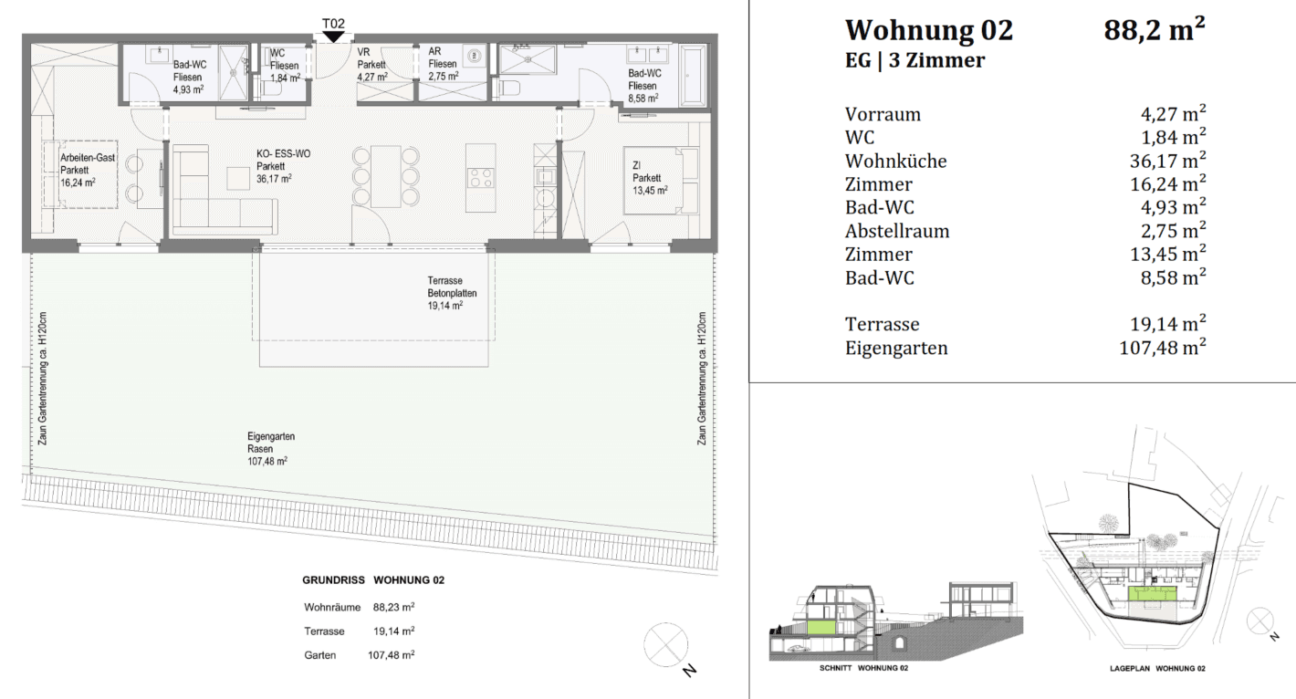 Grundriss der Wohnung 02 im Erdgeschoss mit drei Zimmern, Terrasse und eigenem Garten.