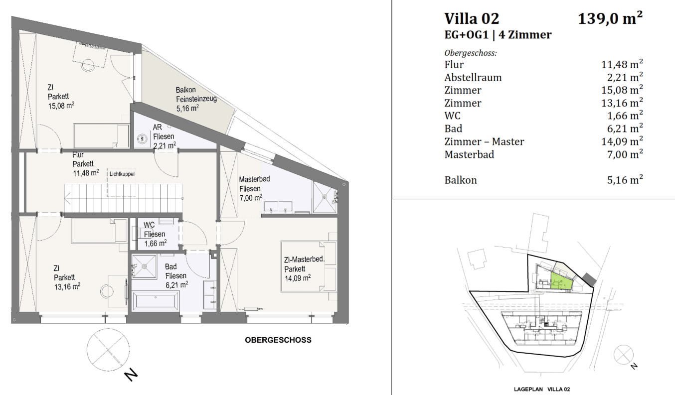 Grundriss des Obergeschosses der Villa 02 mit mehreren Zimmern und Balkon.