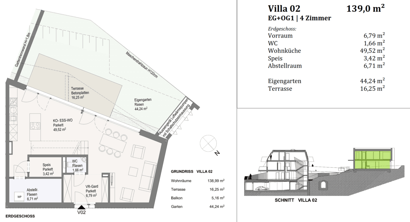 Grundriss des Erdgeschosses der Villa 02 mit Terrasse und Garten.