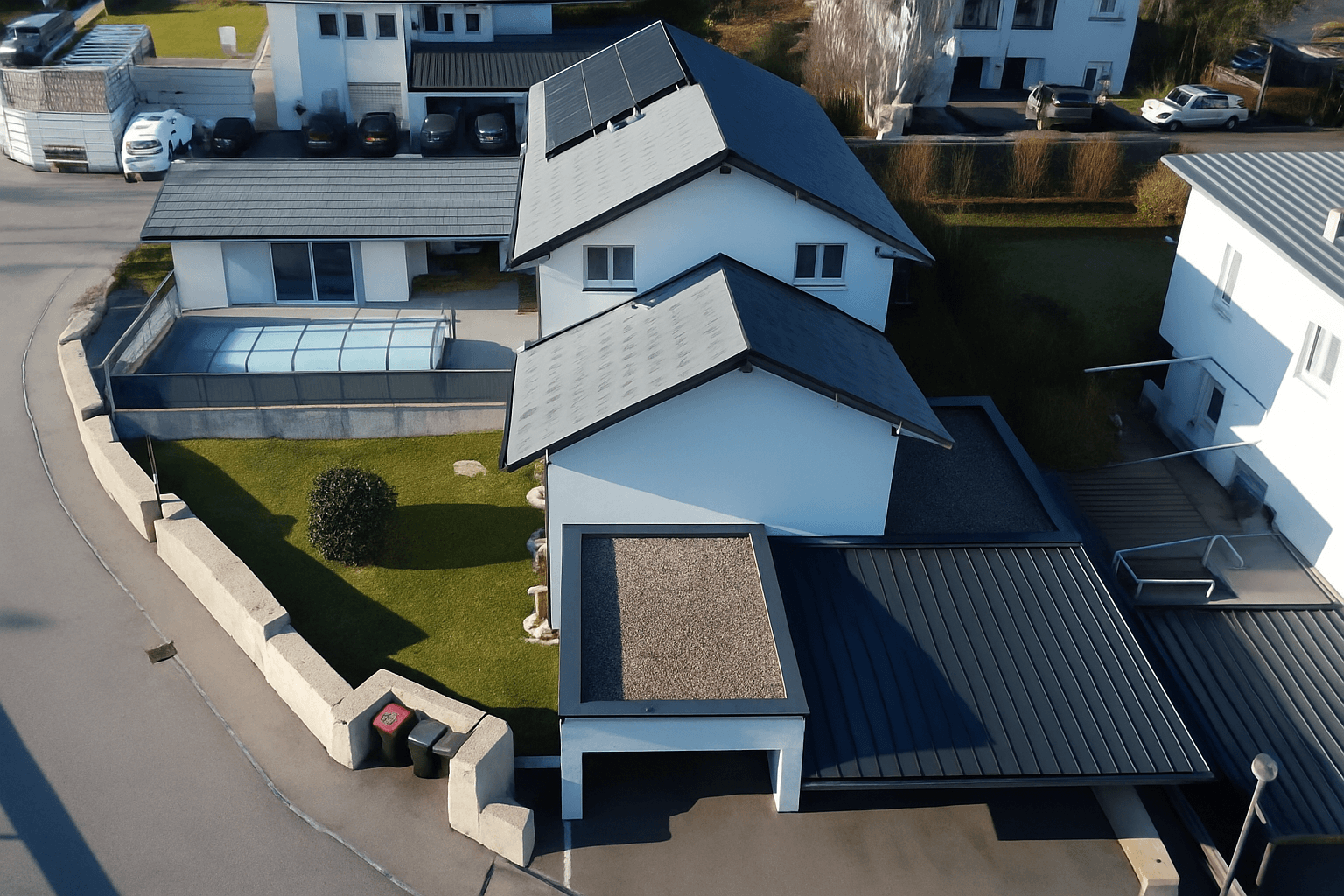 Luftaufnahme eines modernen Hauses mit Solaranlage, Garten und Poolbereich.