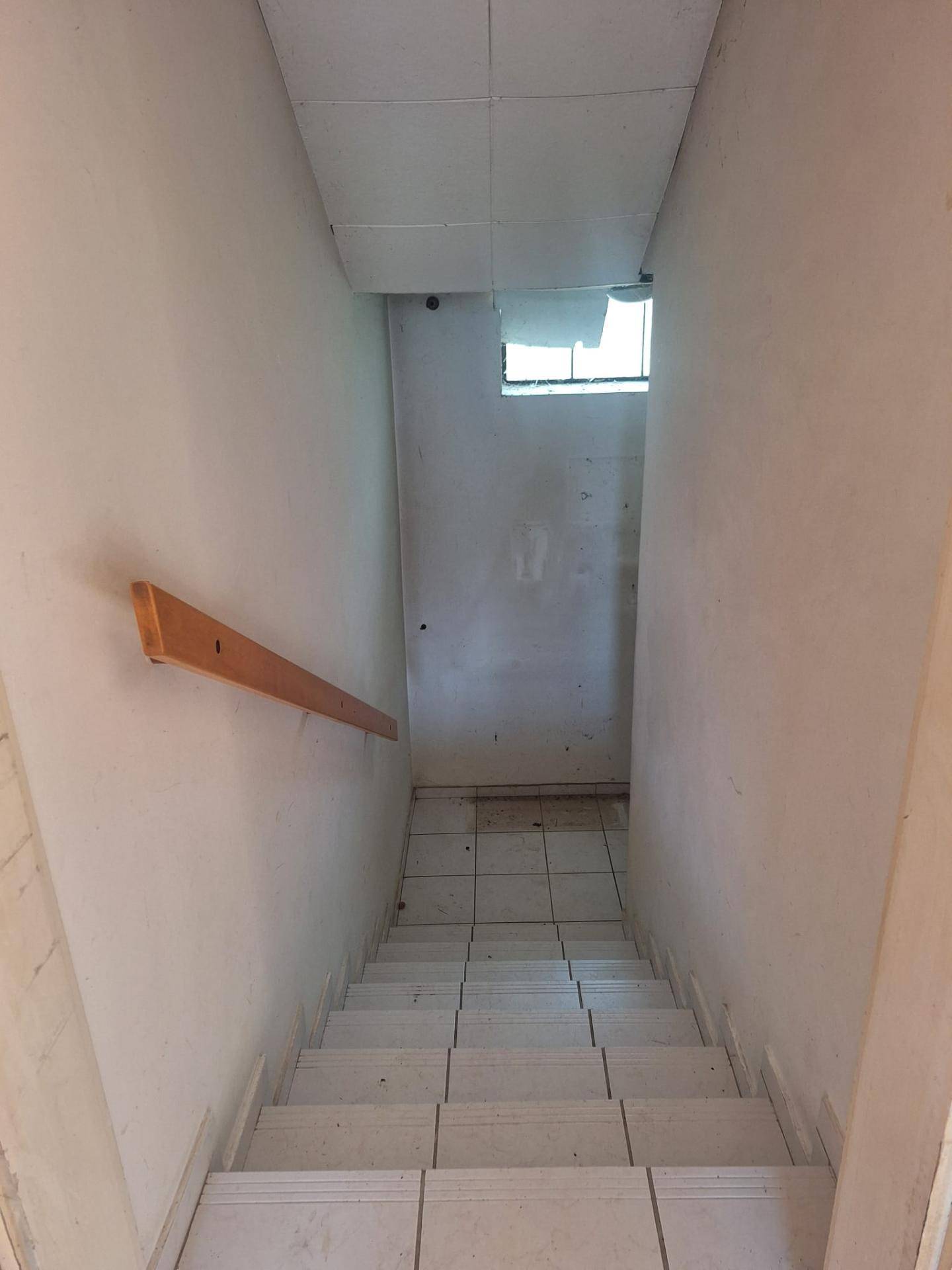 Treppenhaus mit Fliesenstufen und Holzhandlauf, das in den unteren Bereich des Hauses führt.
