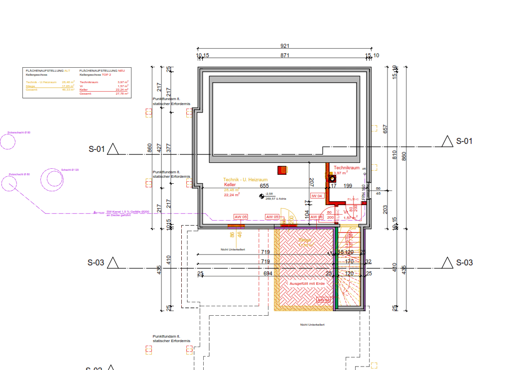 Detaillierter Grundriss des Kellergeschosses mit Technik- und Heizräumen sowie einem Bereich für Erdfüllung.