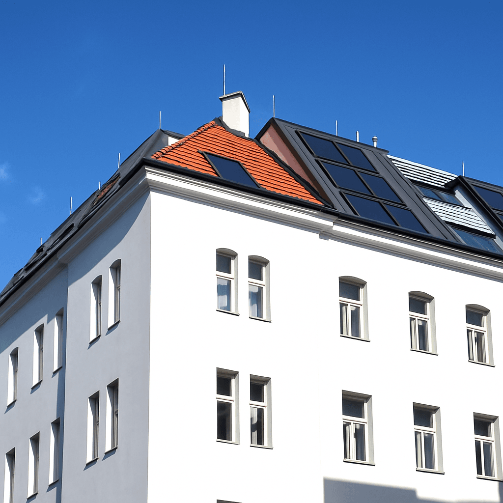 Moderne Architektur mit weißer Fassade, roten Ziegeln und dunklen Dachflächenfenstern sowie Solarpaneelen.