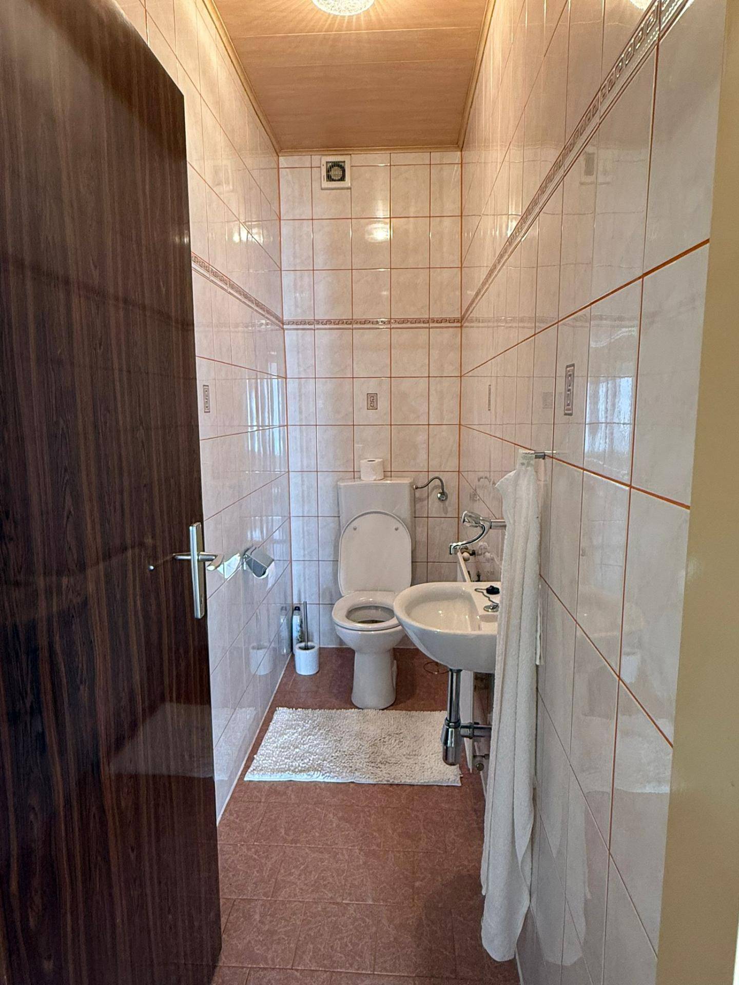Kleines Gäste-WC mit Wand-WC, Waschbecken und hellen Fliesen, gut beleuchtet.