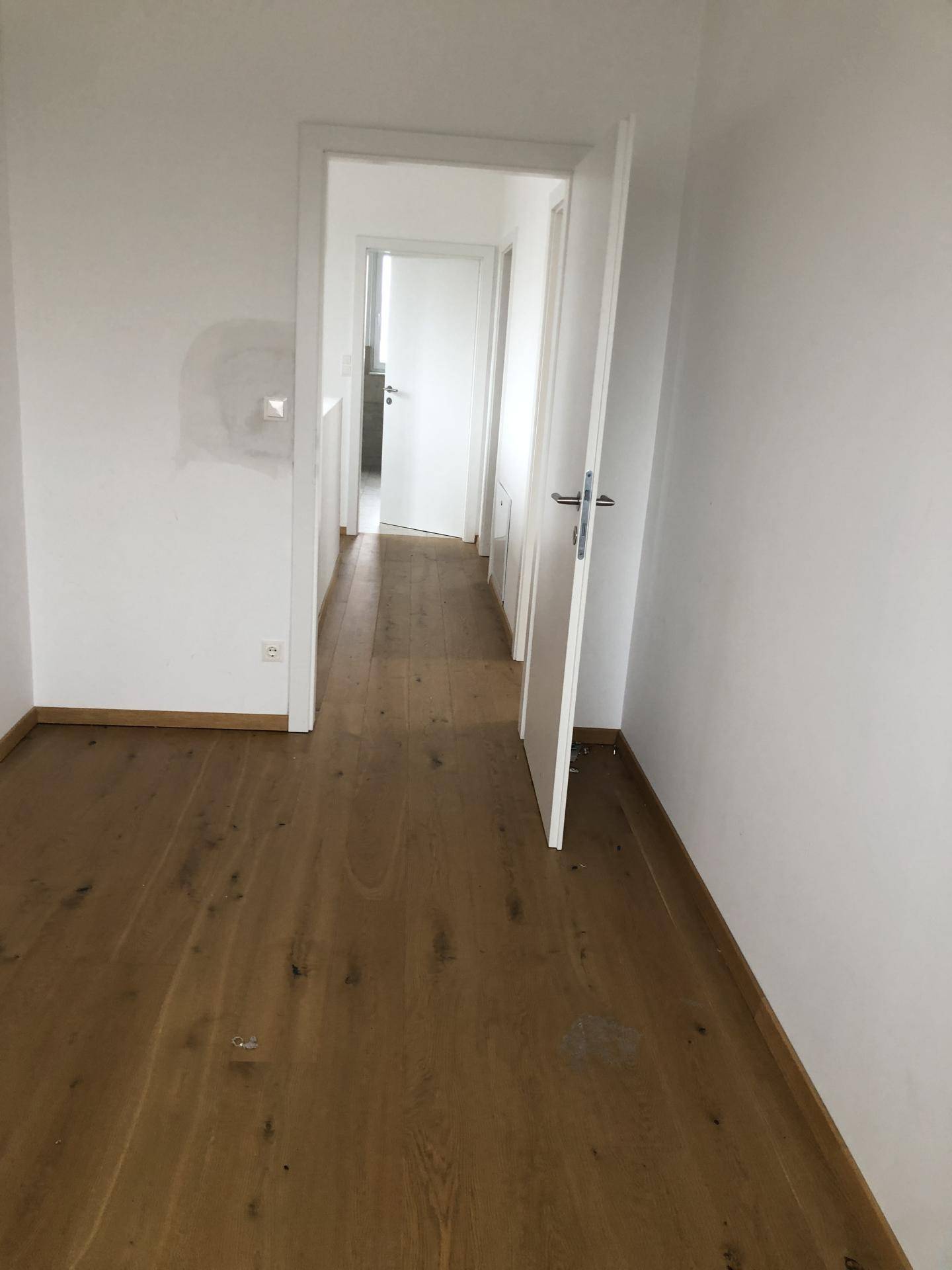 Heller Flur mit Holzboden und Zugang zu weiteren Räumen im Haus.