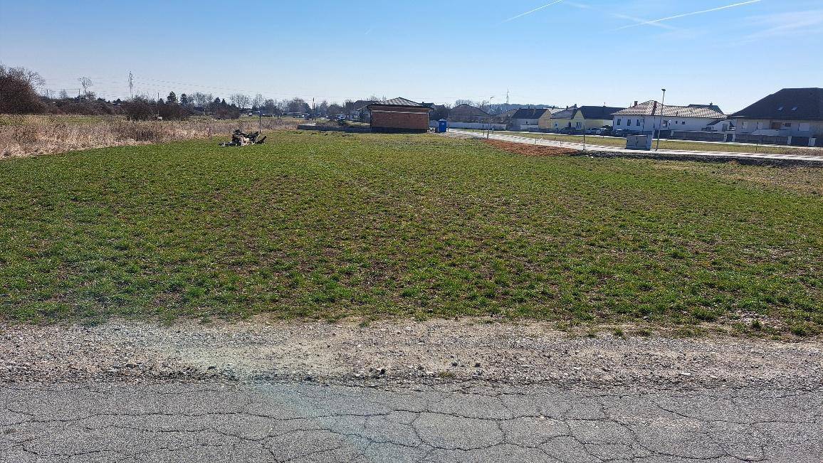 Offenes, grünes Grundstück mit einer asphaltierten Straße im Vordergrund und Häusern in der Ferne.