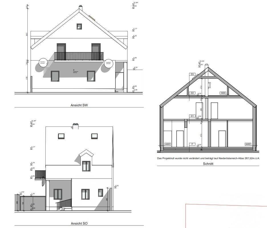 Architektonische Ansichten und Schnitt des Hauses, zeigt Fassaden und Innenstruktur mit klaren Linien.
