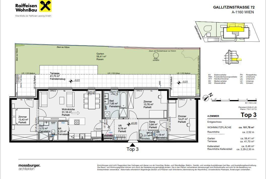 Grundriss einer 4-Zimmer-Wohnung mit offener Wohnküche, zwei Bädern, Terrasse und Garten.