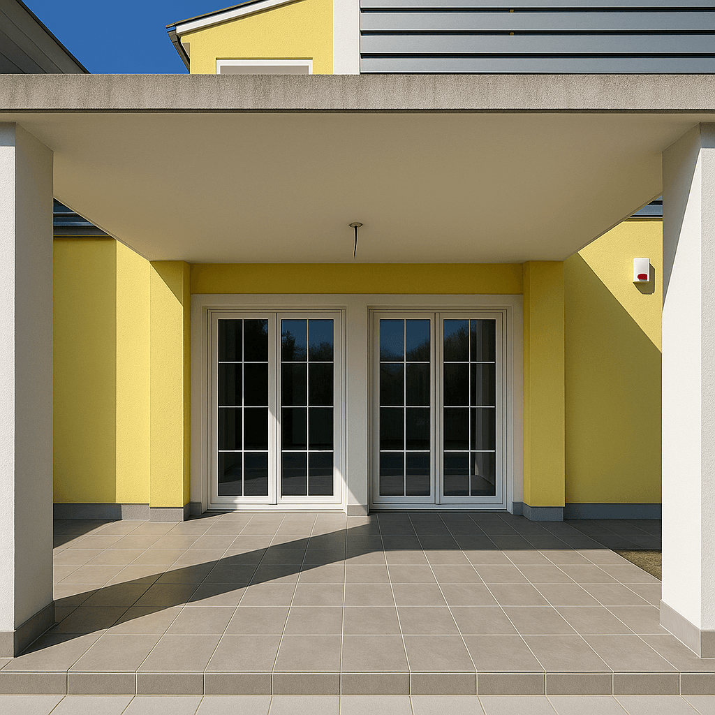 Überdachte Terrasse mit Fliesenboden und Zugang zum Haus, ideal für entspannte Stunden.