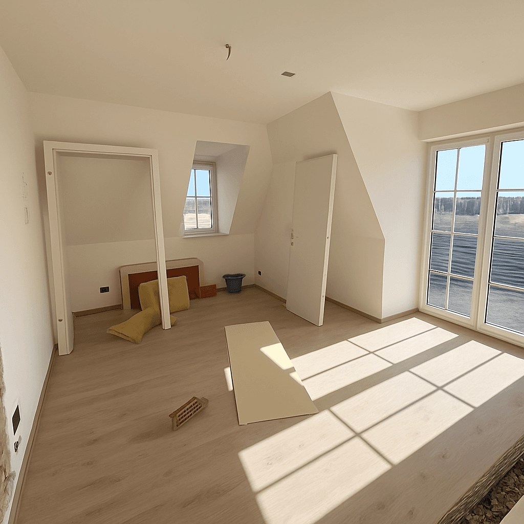 Helles Schlafzimmer im Dachgeschoss mit Holzboden und großen Fenstern.
