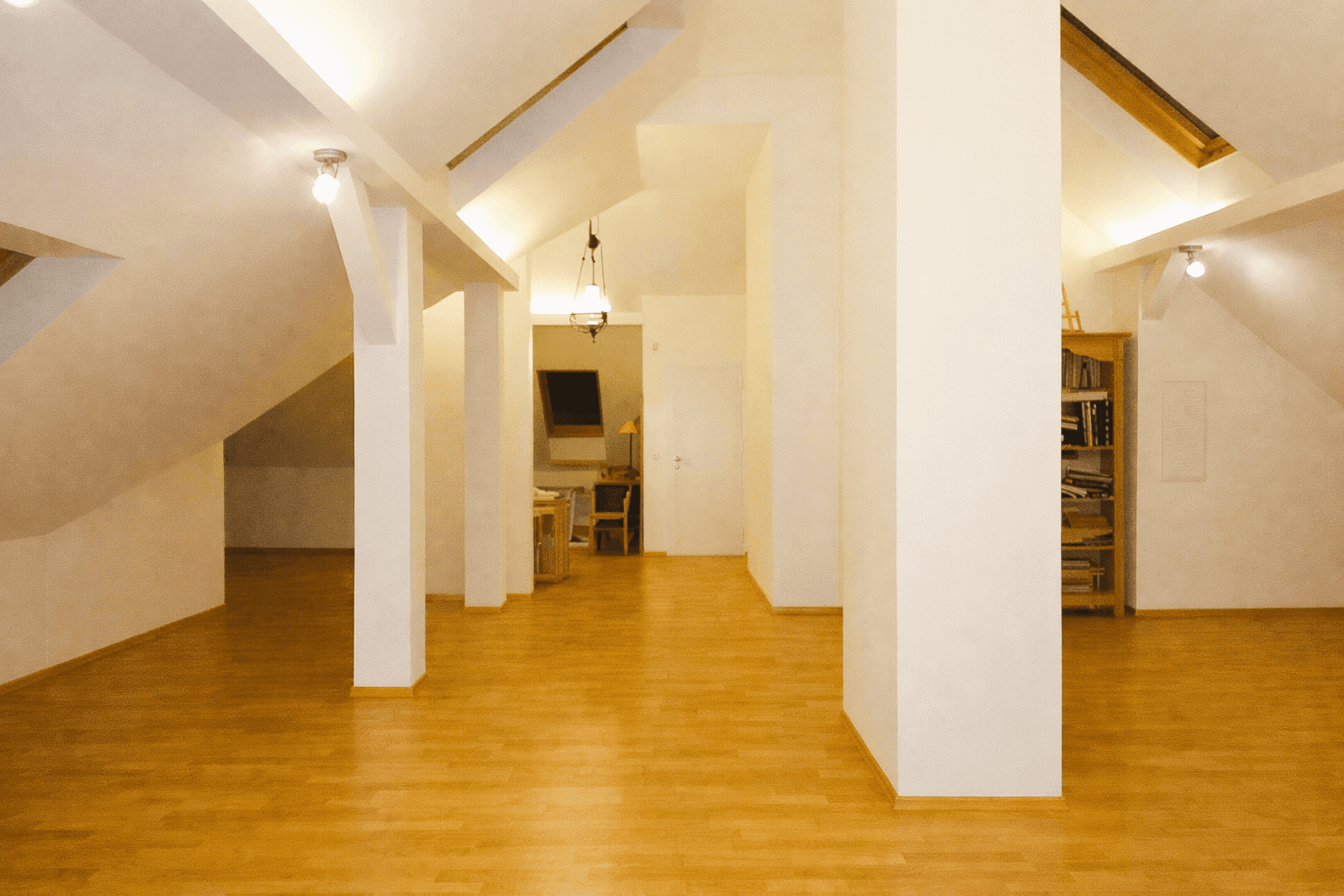 Offener Dachbodenbereich mit Holzboden, sichtbaren Balken und viel natürlichem Licht.