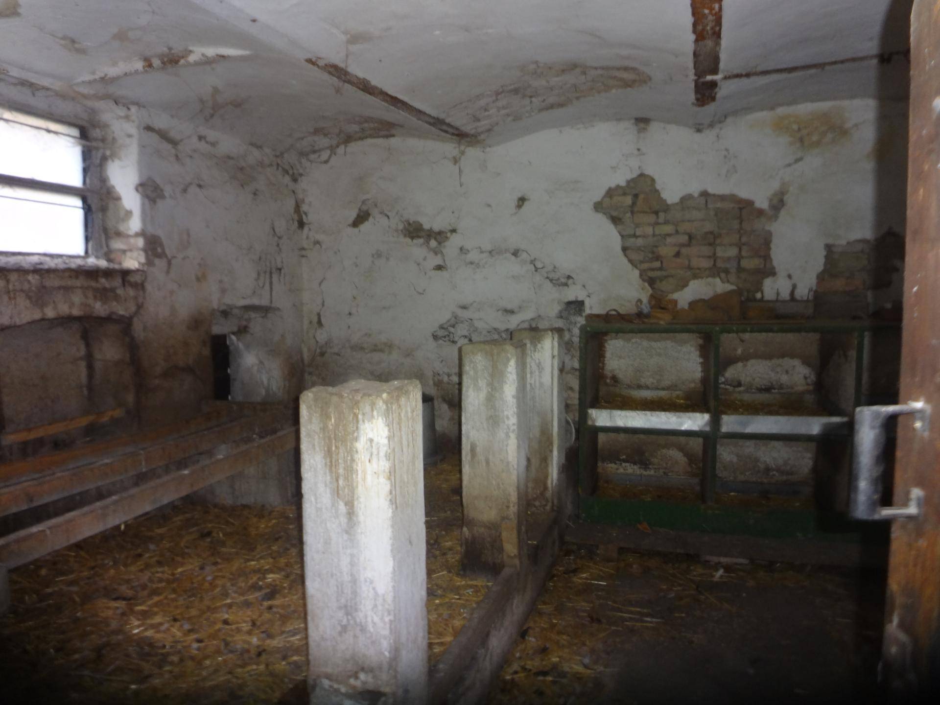 Alter Stallraum mit rauen Wänden, kleinen Fenstern und Futtertrögen.
