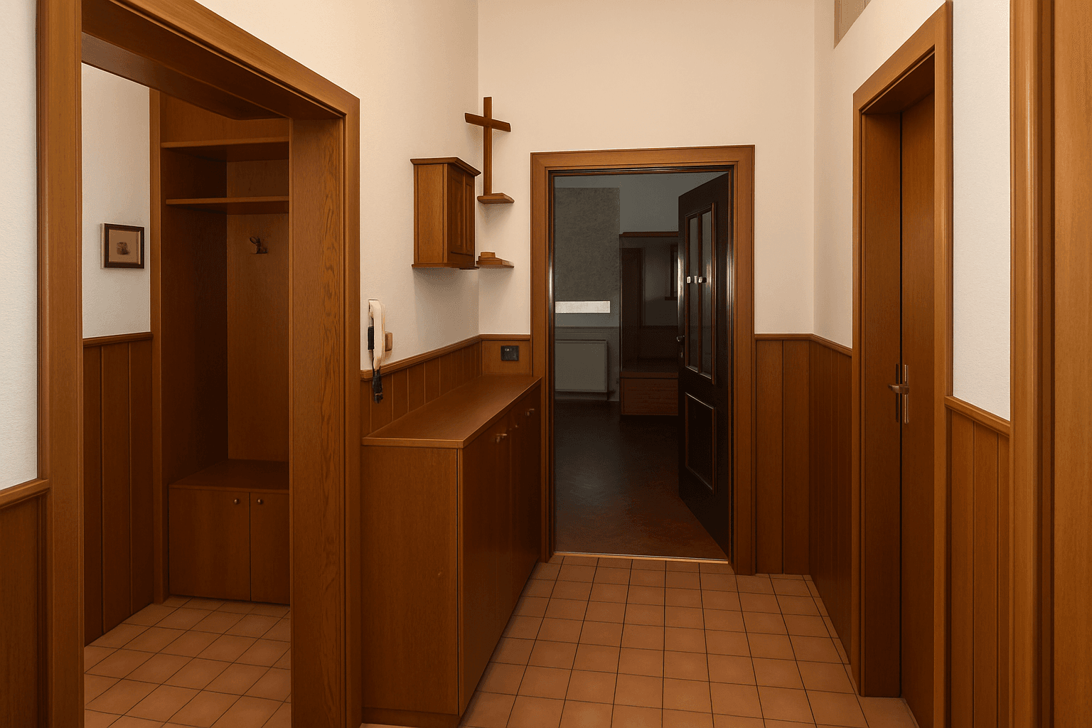 Traditioneller Flur mit Holzvertäfelung, Terrakottafliesen und Garderobe.