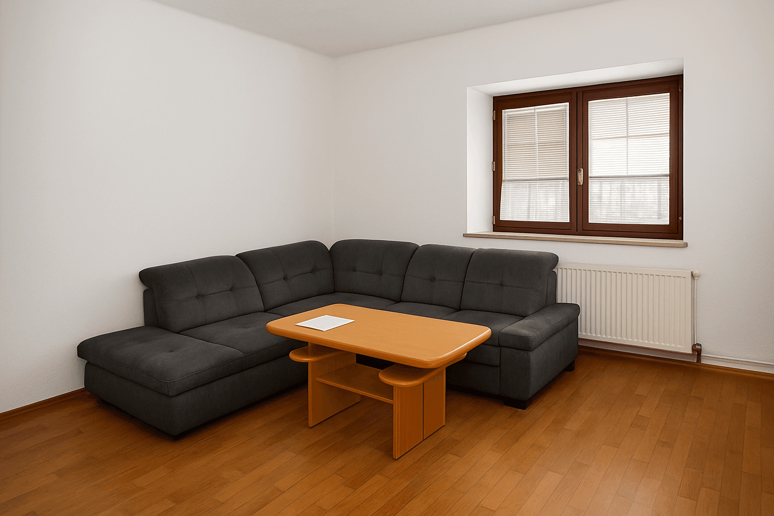 Helles Wohnzimmer mit dunklem Ecksofa, Holztisch und Parkettboden.