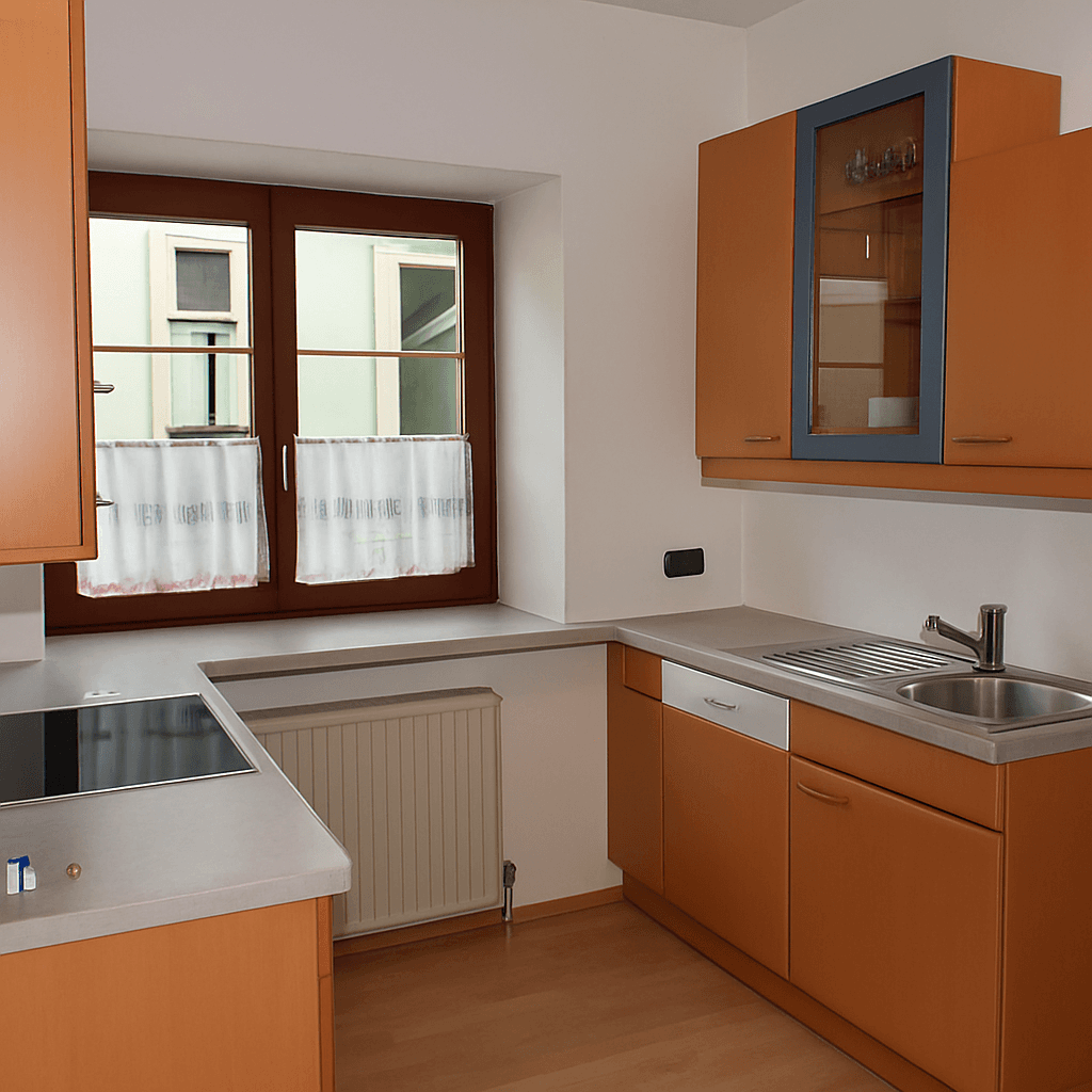Funktionale Küche mit Holzschränken, Induktionskochfeld und Fensterblick.