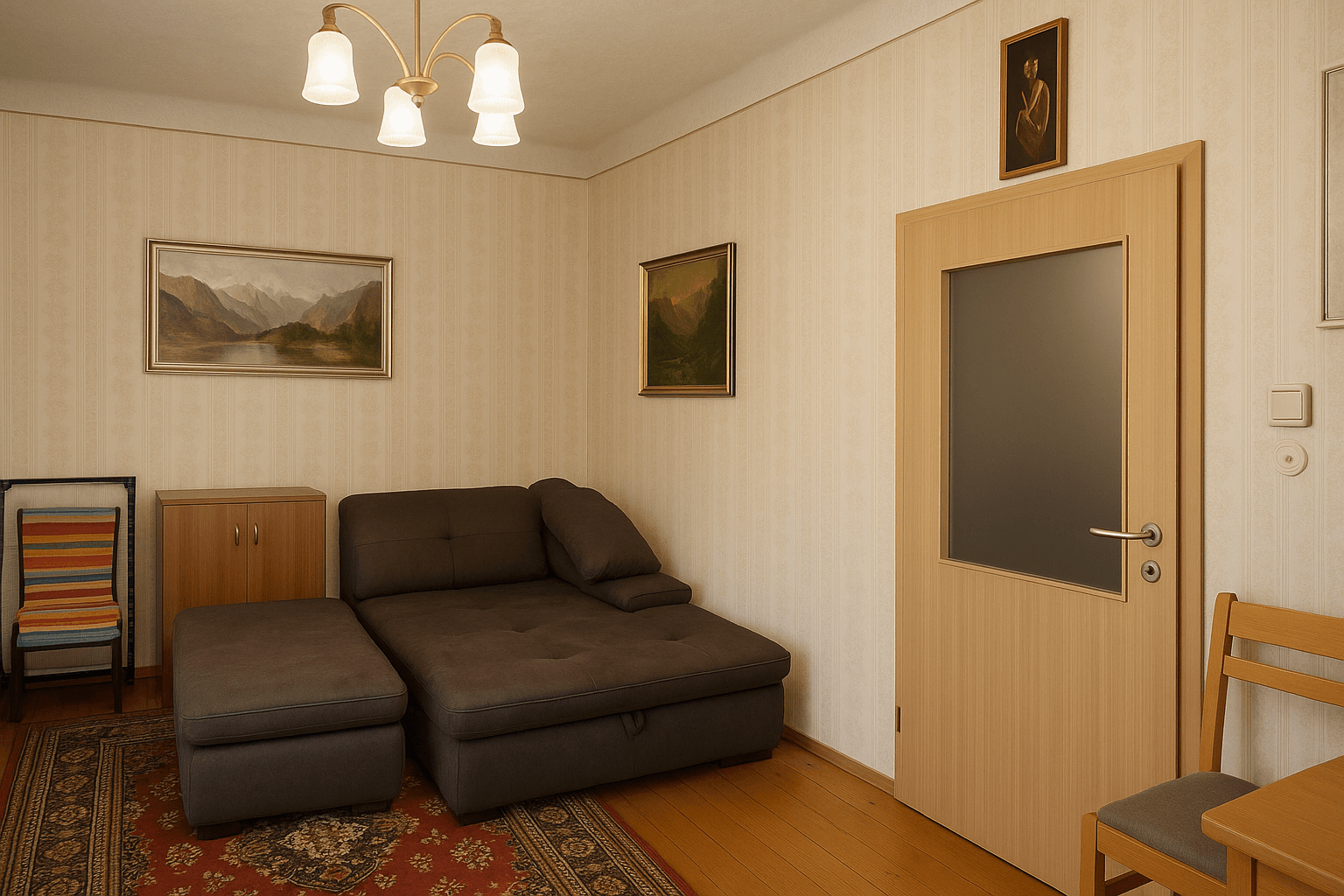 Gemütliches Wohnzimmer mit Sofa, Teppich und traditioneller Tapete.