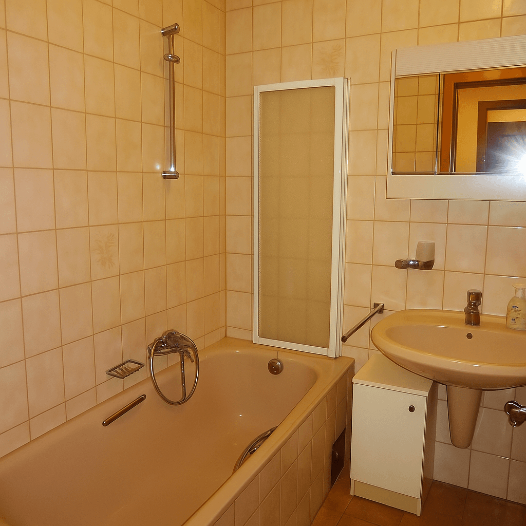 Gefliestes Badezimmer mit Badewanne, Waschbecken und Spiegelschrank.