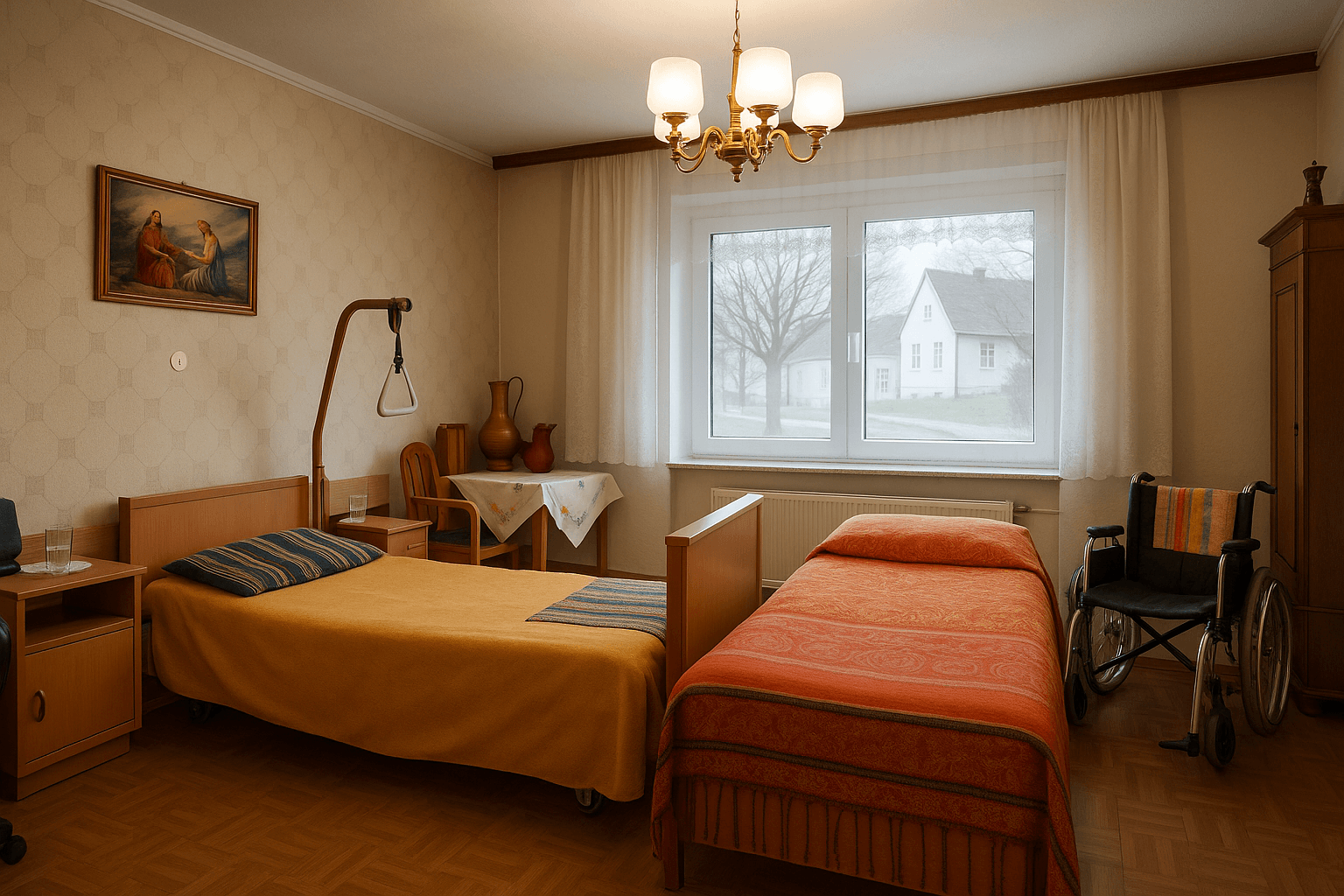 Geräumiges Schlafzimmer mit zwei Betten, Rollstuhl und Blick ins Grüne.