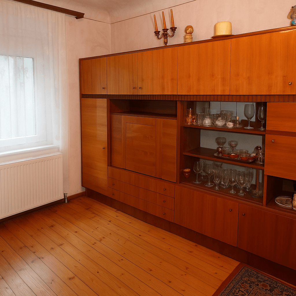 Wohnzimmer mit großer Holzschrankwand, Holzdielenboden und Fenster.