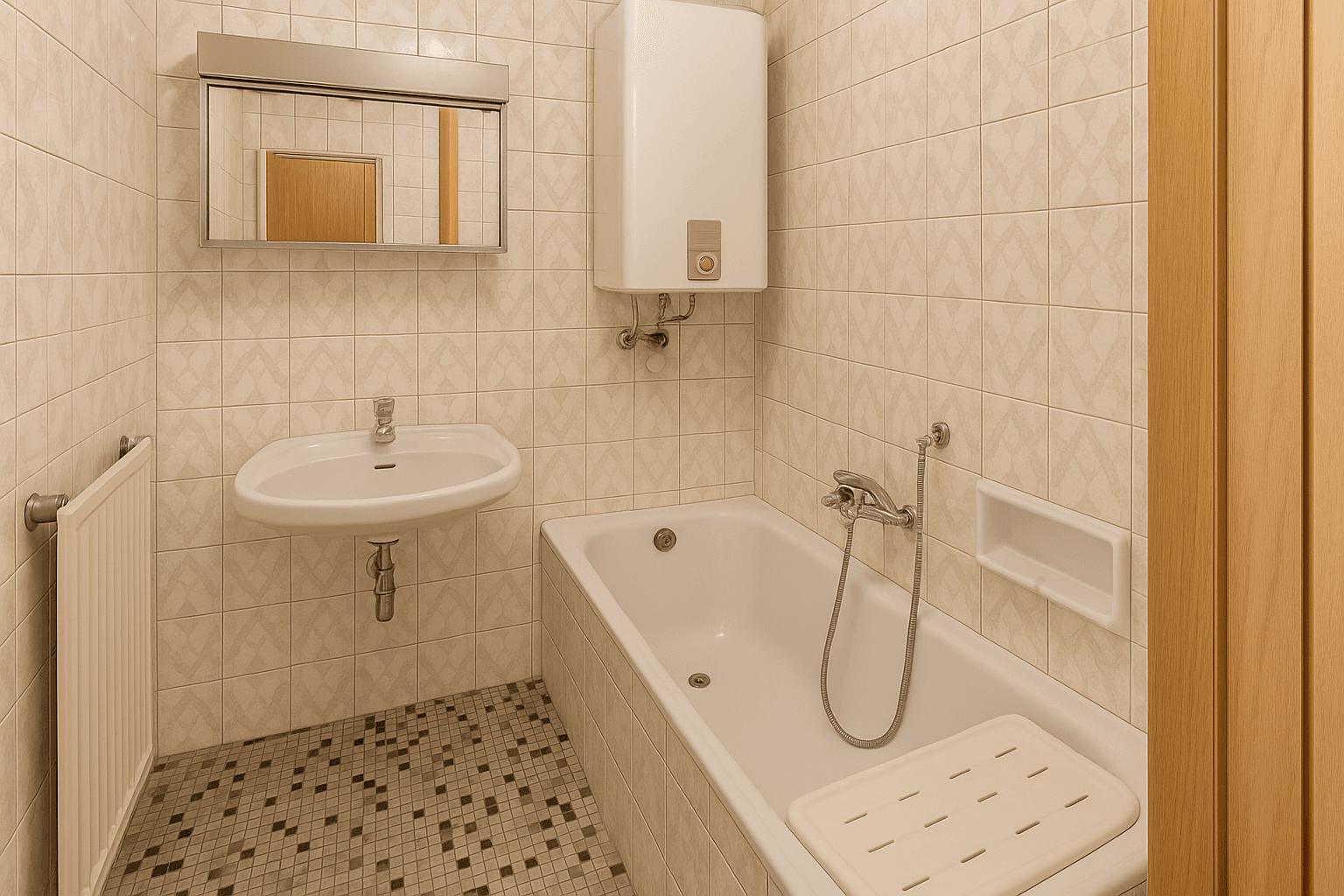 Kleines Badezimmer mit Badewanne, Waschbecken und Wandfliesen.