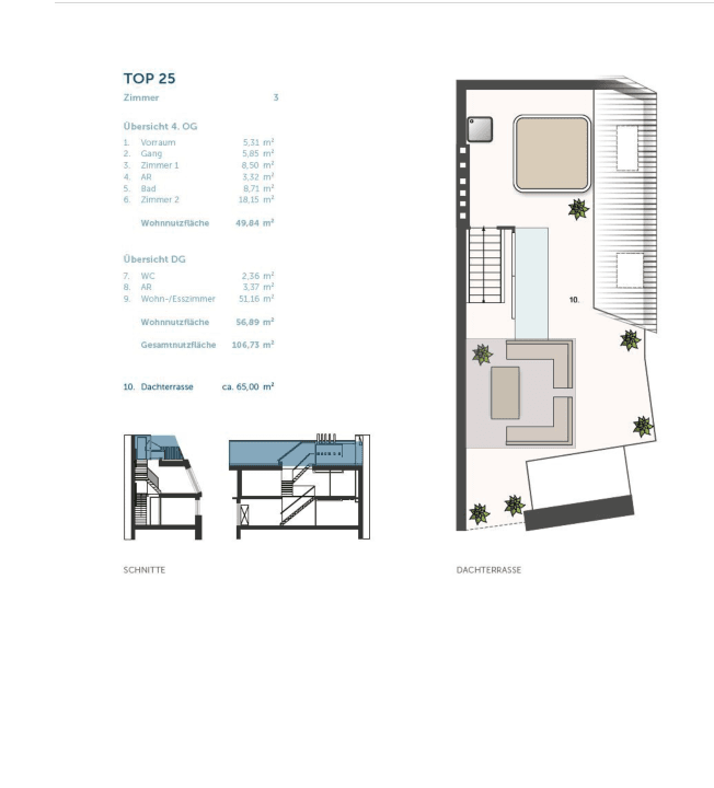 Grundriss der Dachterrasse mit Sitzbereich und Bepflanzung, ideal für Entspannung im Freien.