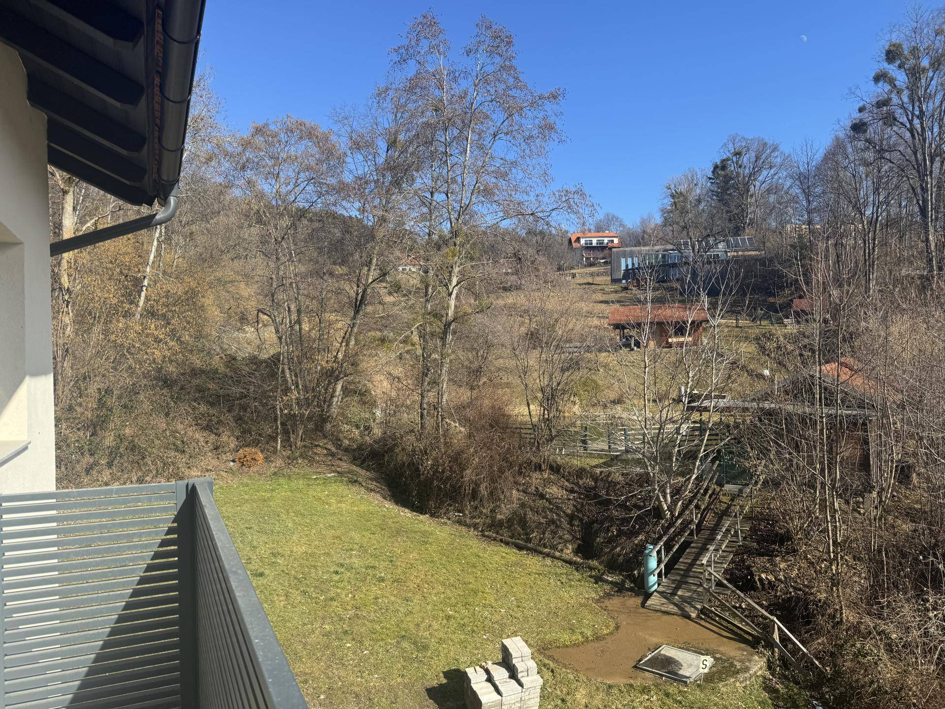 Blick vom Balkon auf die grüne Umgebung mit Bäumen und einem kleinen Bachlauf.