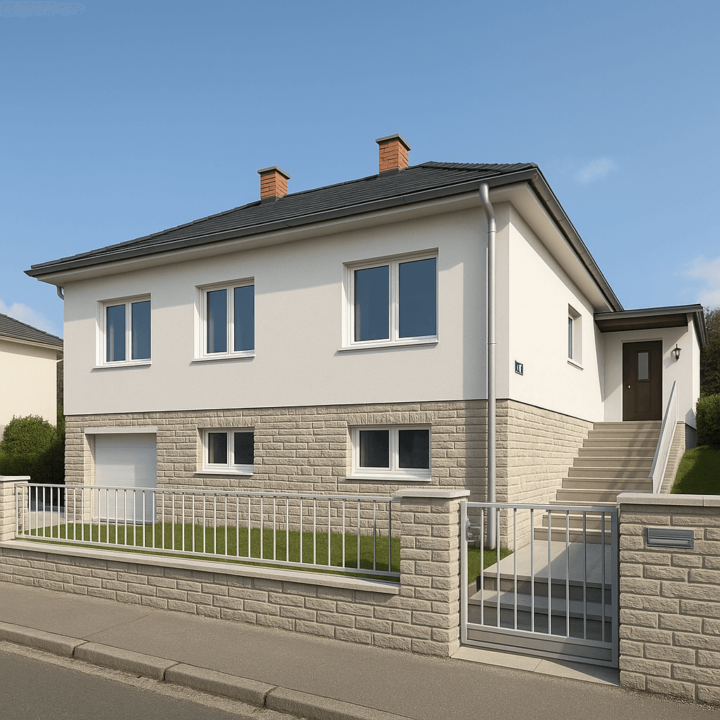 Modernes Einfamilienhaus mit heller Fassade, Steinsockel und integrierter Garage, umgeben von einem gepflegten Vorgarten.